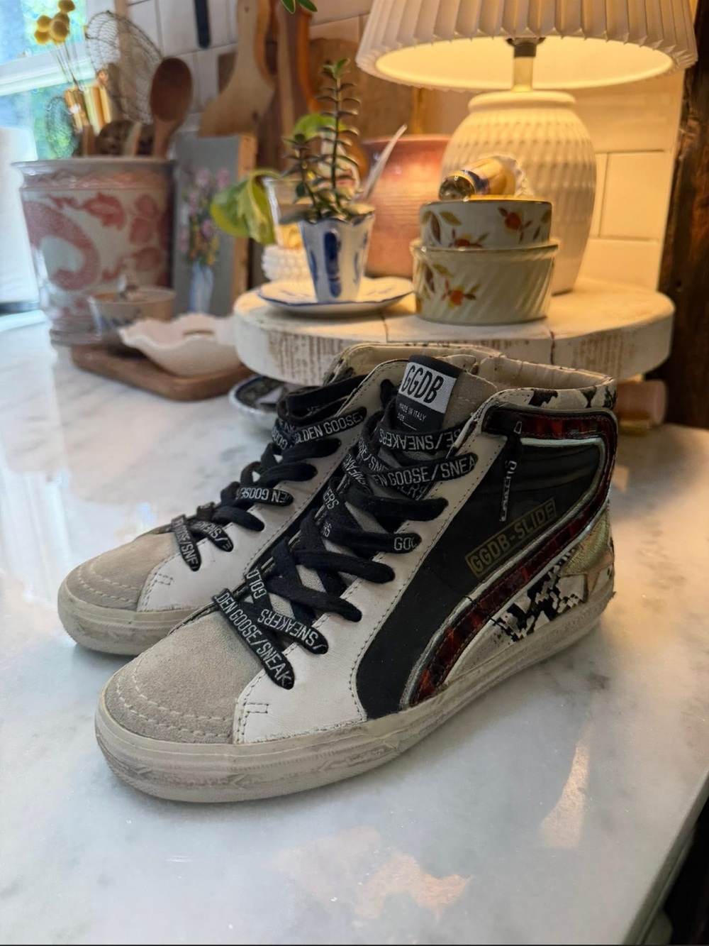 Golden Goose Slides Beige Black High-Top Sneakers with Red Accent